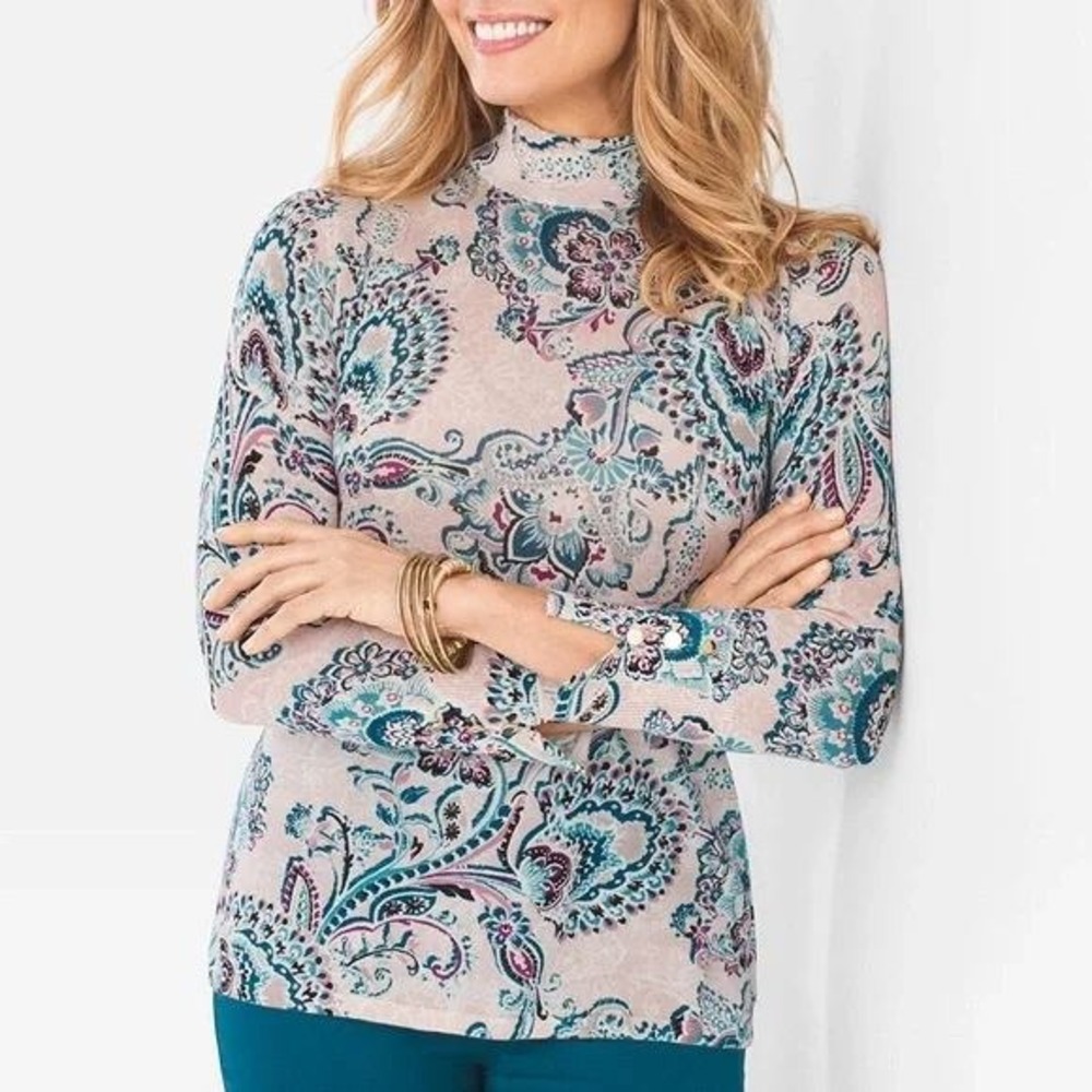 Chico's Paisley Mock Neck Pullover Sweater Womens XXL Zip Back Waffle Knit‎